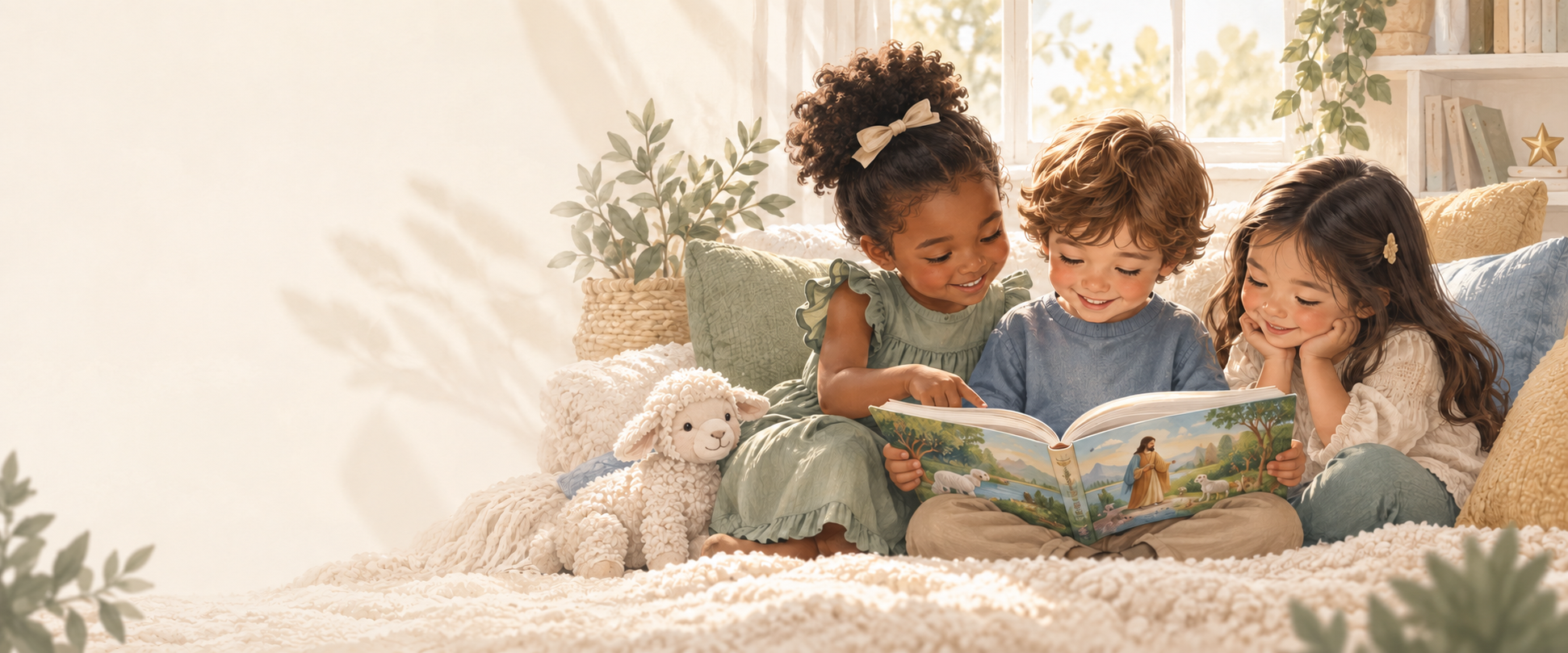 Three children joyfully reading a children's Bible together in a cozy room